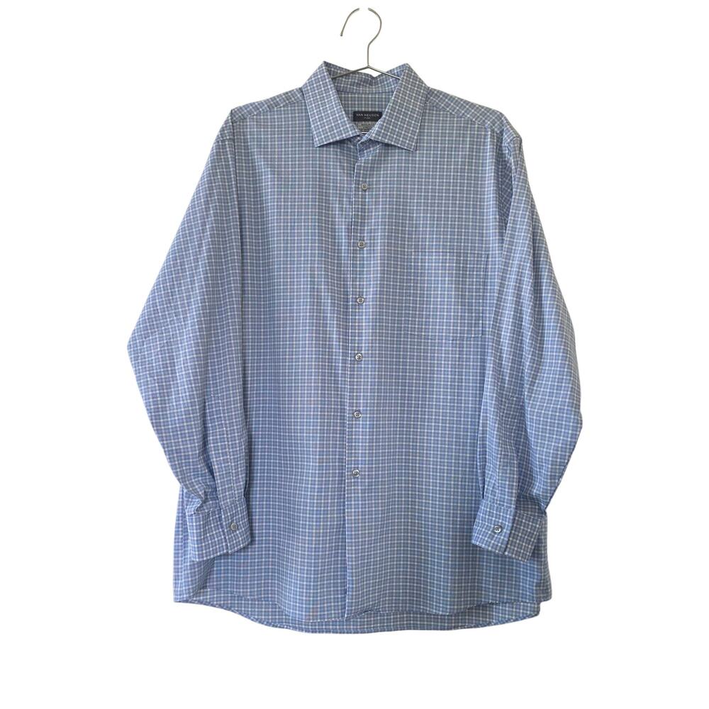 Van Heusen Flex Blue Check Stretch Regular Fit Dress Shirt Mens Size L
